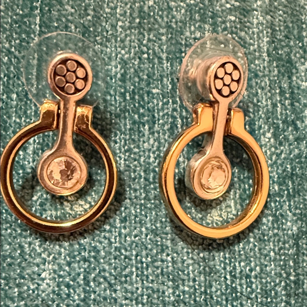 Gold-Tone Circular Drop Stud Earrings with Clear Crystal Accent